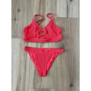 Aerie Real Good Red Textured Ring Bikini Set Scoop Top XL Cheeky Bottoms M